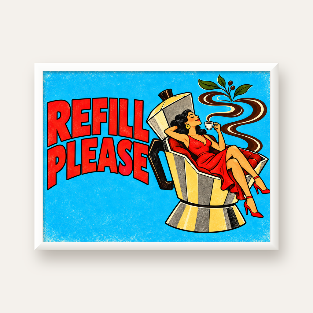 Refill Please Moka Pot Kahve Pop Art Poster — beyaz çerçeveli yatay poster