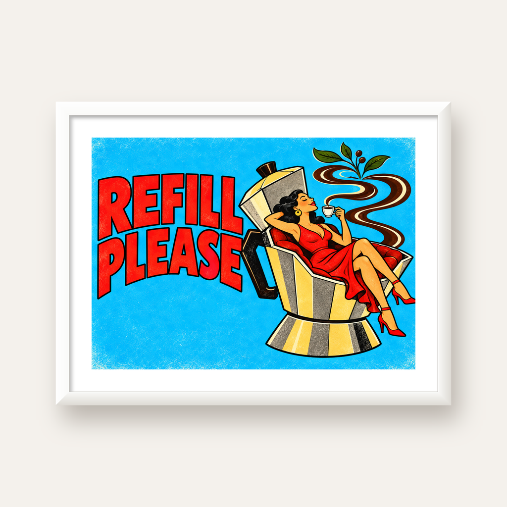 Refill Please Moka Pot Kahve Pop Art Poster — beyaz çerçeveli yatay poster