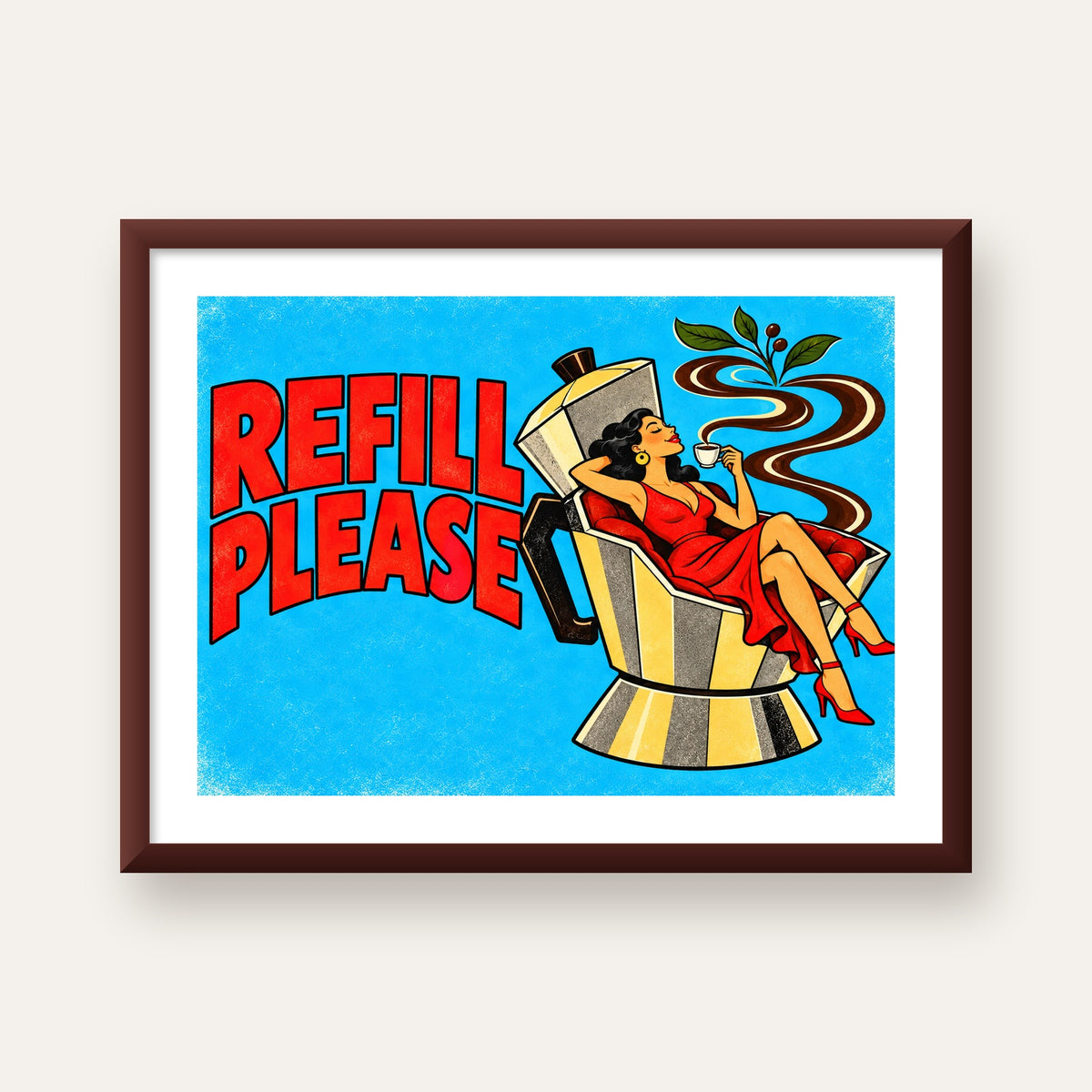 Refill Please Moka Pot Kahve Pop Art Poster — ceviz çerçeveli paspartulu