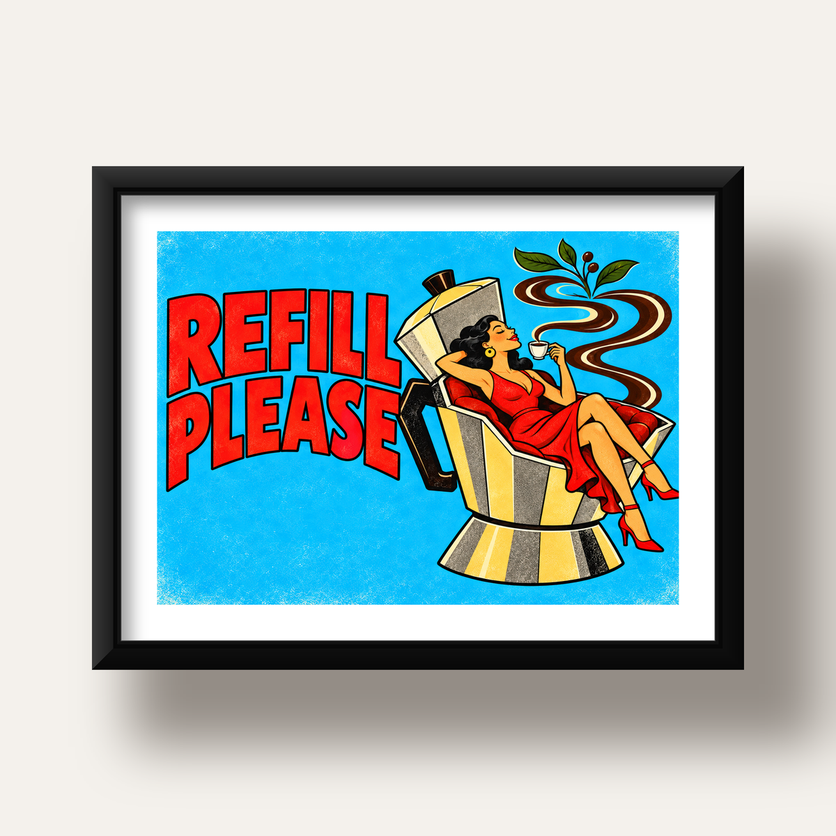 Refill Please Moka Pot Kahve Pop Art Poster — siyah derin çerçeveli paspartulu