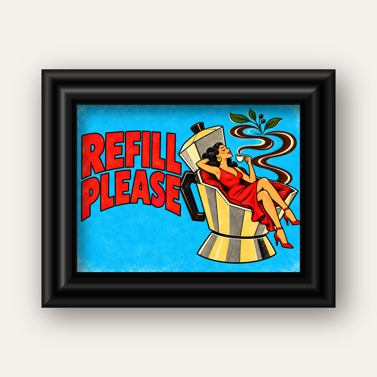 Refill Please Moka Pot Kahve Pop Art Poster — siyah galeri çerçeveli