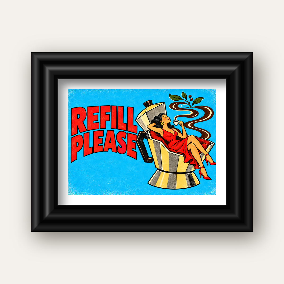Refill Please Moka Pot Kahve Pop Art Poster — siyah galeri çerçeveli paspartulu