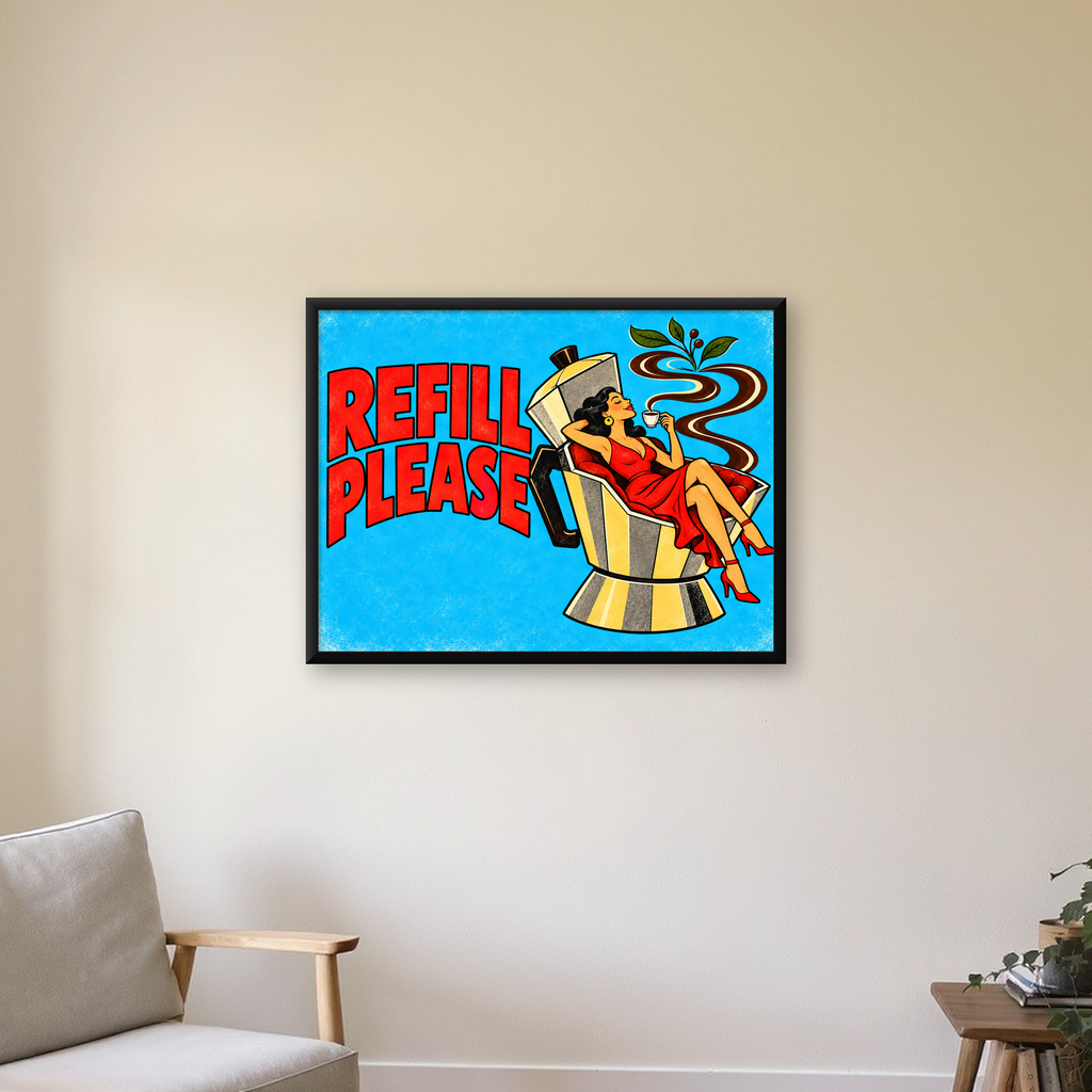 Retro Kahve ve Kadın İllüstrasyonlu Poster – REFILL PLEASE — Yatay baskı, çerçeveli hâliyle bir ev duvarında