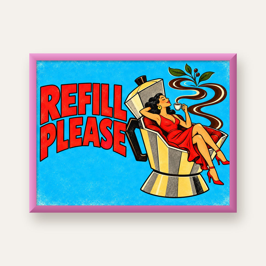 Refill Please Moka Pot Kahve Pop Art Poster — pembe çerçeveli