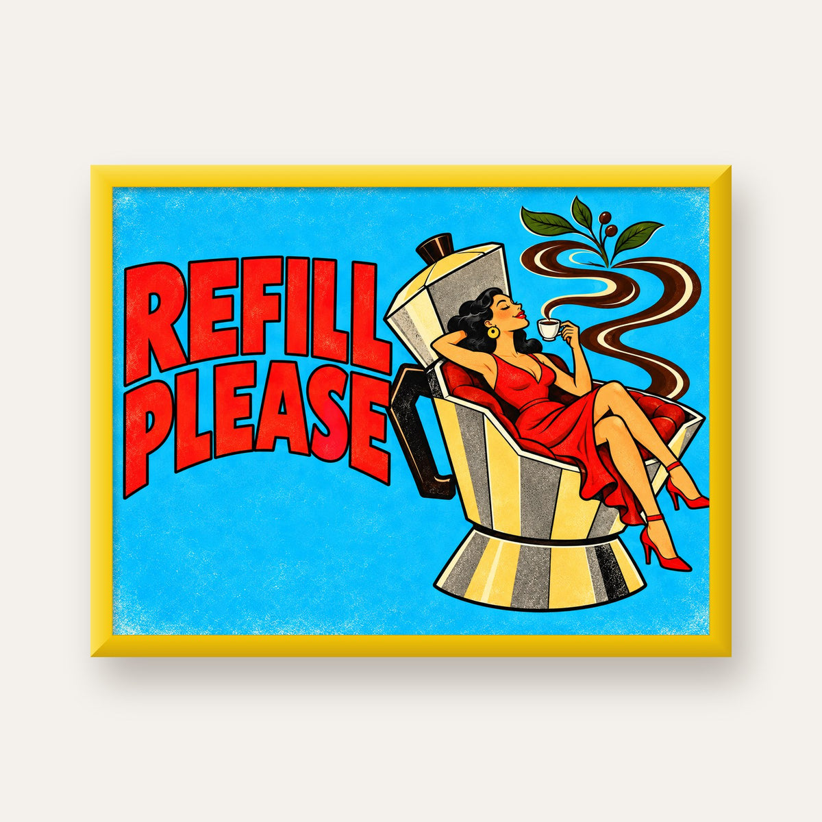 Refill Please Moka Pot Kahve Pop Art Poster — sarı çerçeveli