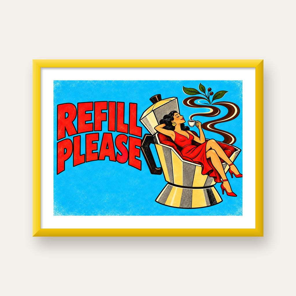 Refill Please Moka Pot Kahve Pop Art Poster — sarı çerçeveli paspartulu