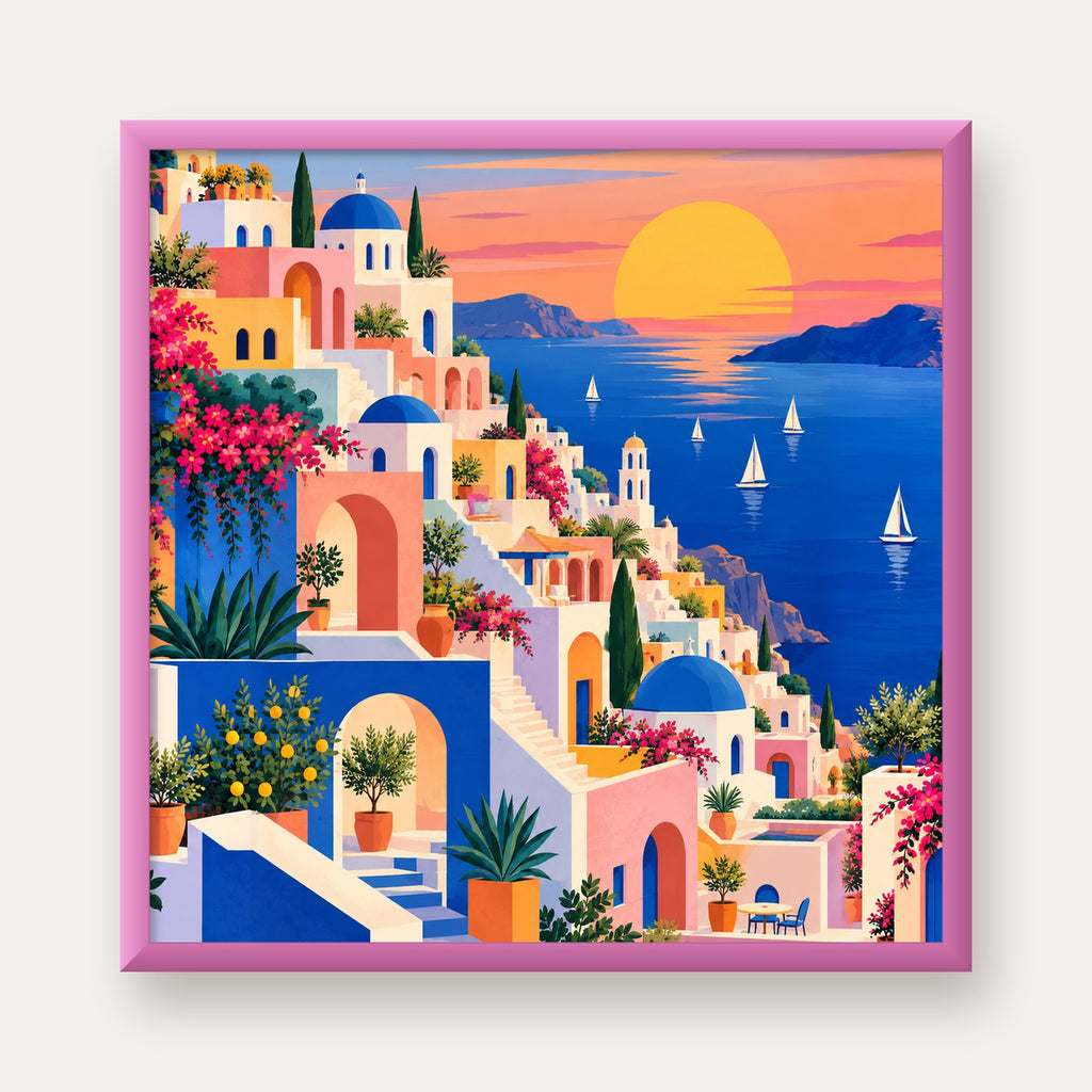 Renkli Akdeniz Kasabası — pembe çerçeveli