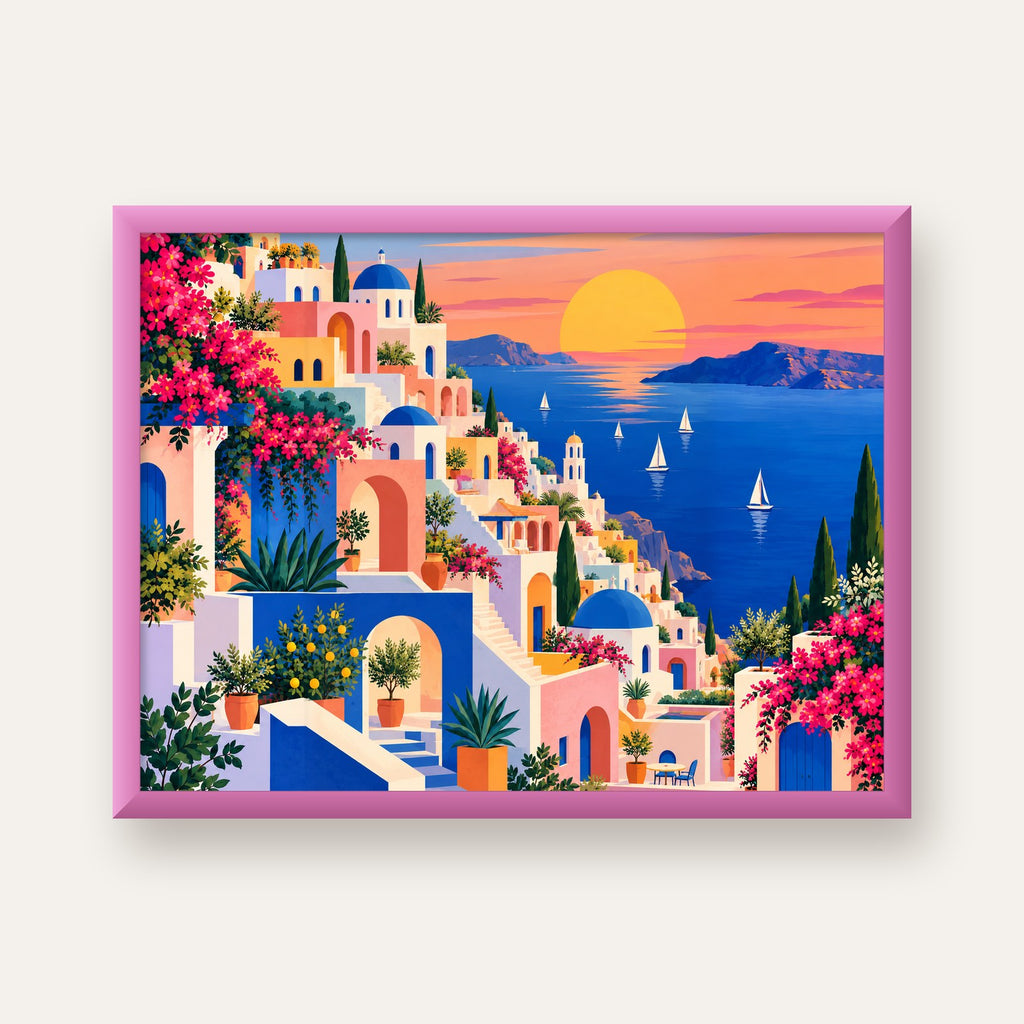 Renkli Akdeniz Kasabası — pembe çerçeveli