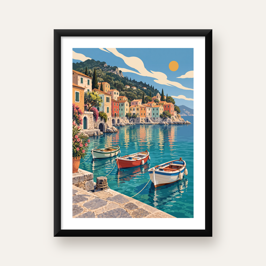 Renkli Akdeniz Kasabası Poster – Canlı Sahil Manzarası — Dikey baskı, beyaz paspartulu