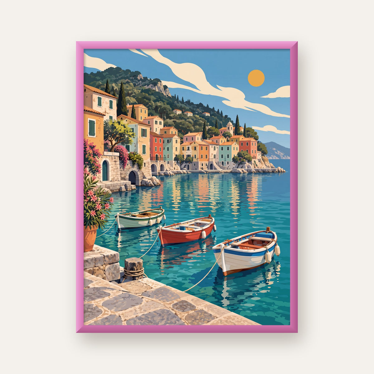 Renkli Akdeniz Kasabası Poster – Canlı Sahil Manzarası — pembe çerçeveli
