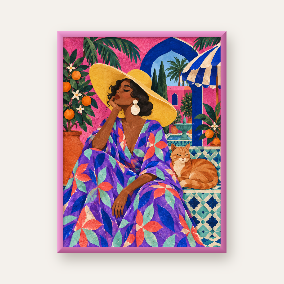 Akdeniz Bahçesinde Kadın ve Kedi Renkli Poster — pembe çerçeveli