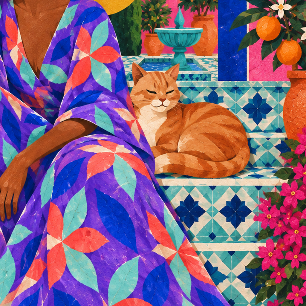 Akdeniz Bahçesinde Kadın ve Kedi Renkli Poster — baskının yakın çekimi, kâğıt dokusu ve renk detayı