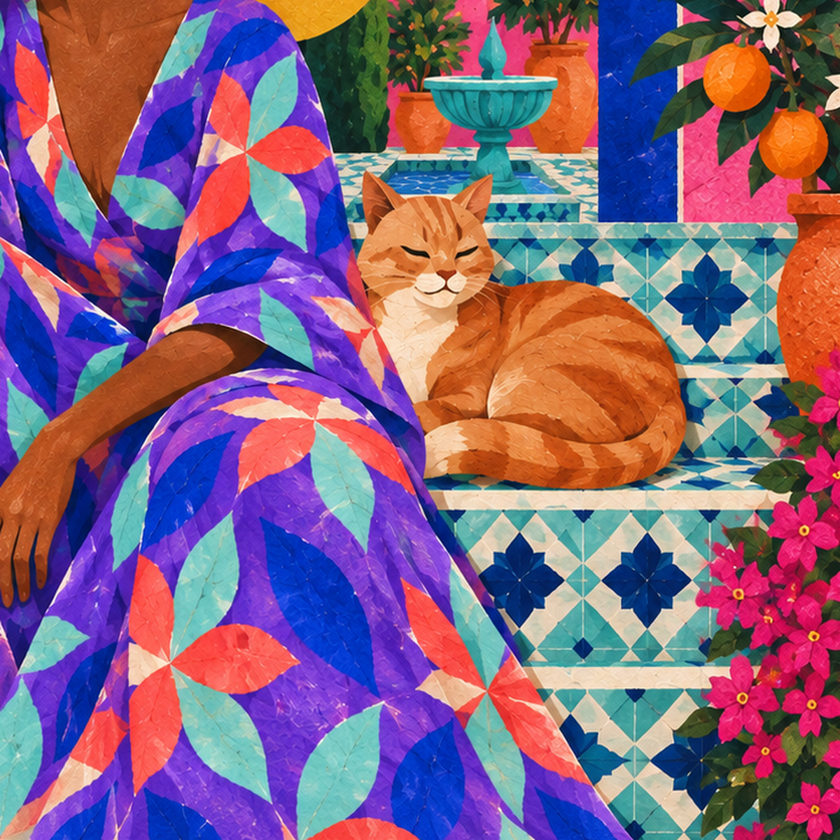 Akdeniz Bahçesinde Kadın ve Kedi Renkli Poster — baskının yakın çekimi, kâğıt dokusu ve renk detayı