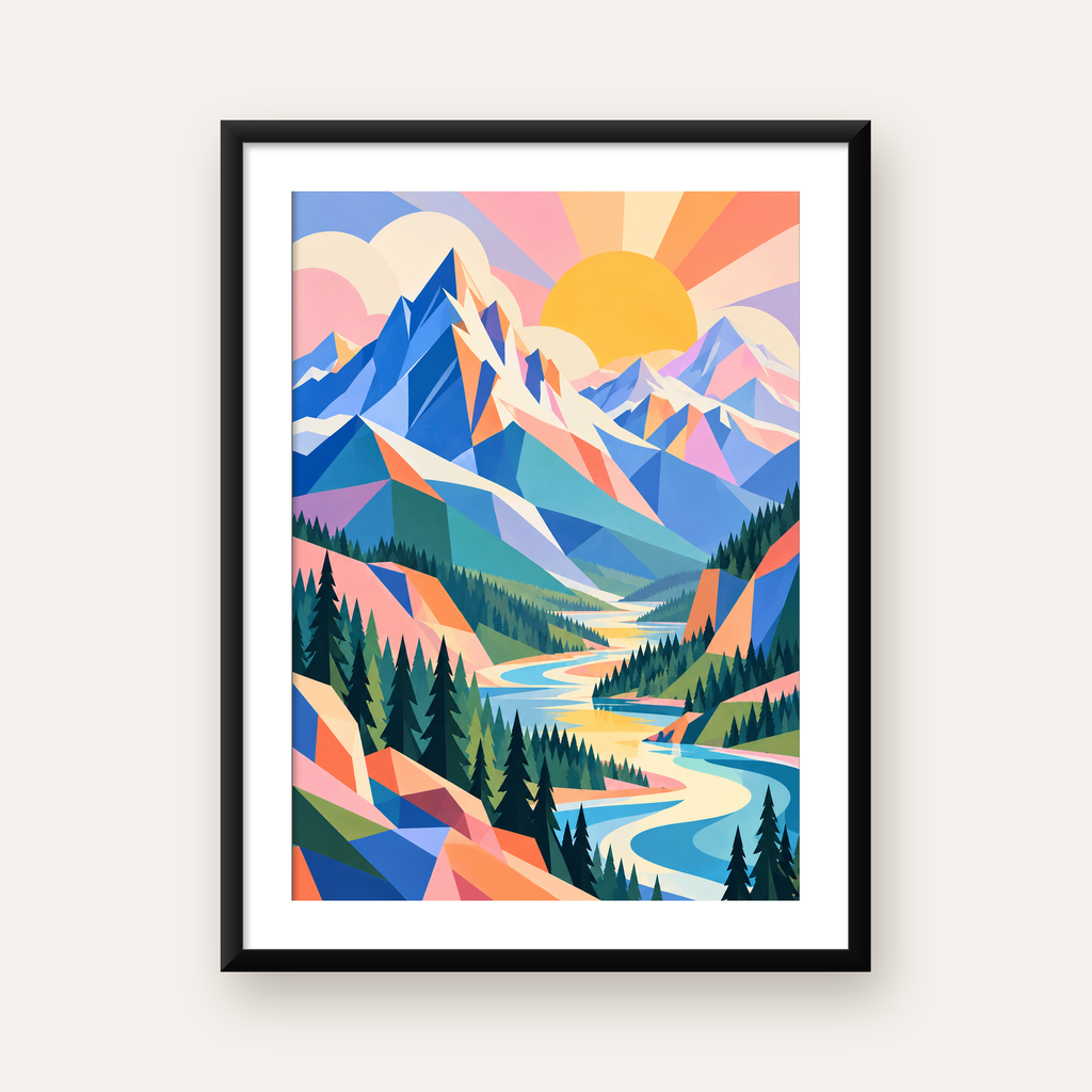 Soyut Dağ Manzarası Modern Poster – Canlı Renkli Doğa Sanatı — Dikey baskı, beyaz kenar boşluklu