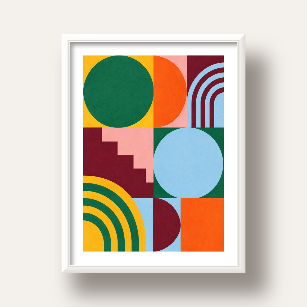 Renkli Soyut Geometrik Şekiller Modern Duvar Posteri — beyaz derin çerçeveli paspartulu