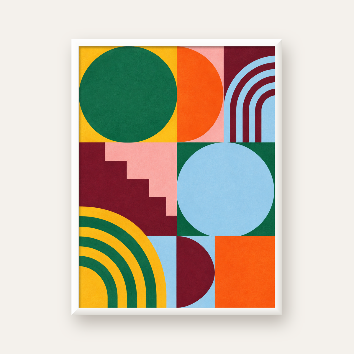 Renkli Soyut Geometrik Şekiller Modern Duvar Posteri — beyaz çerçeveli dikey poster