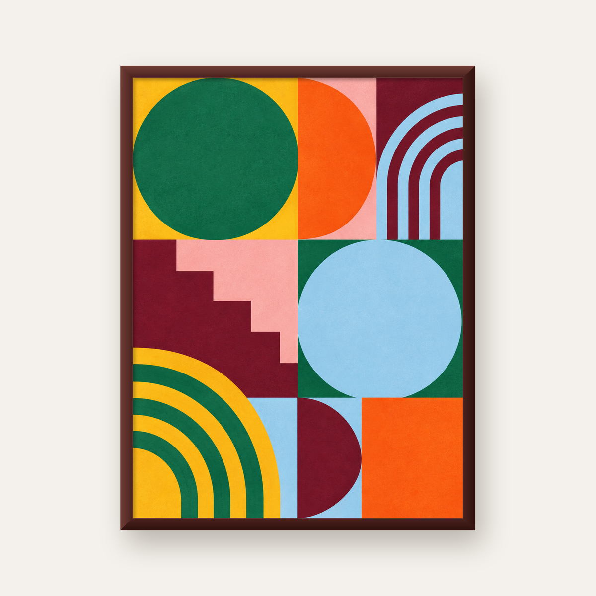 Renkli Soyut Geometrik Şekiller Modern Duvar Posteri — ceviz çerçeveli