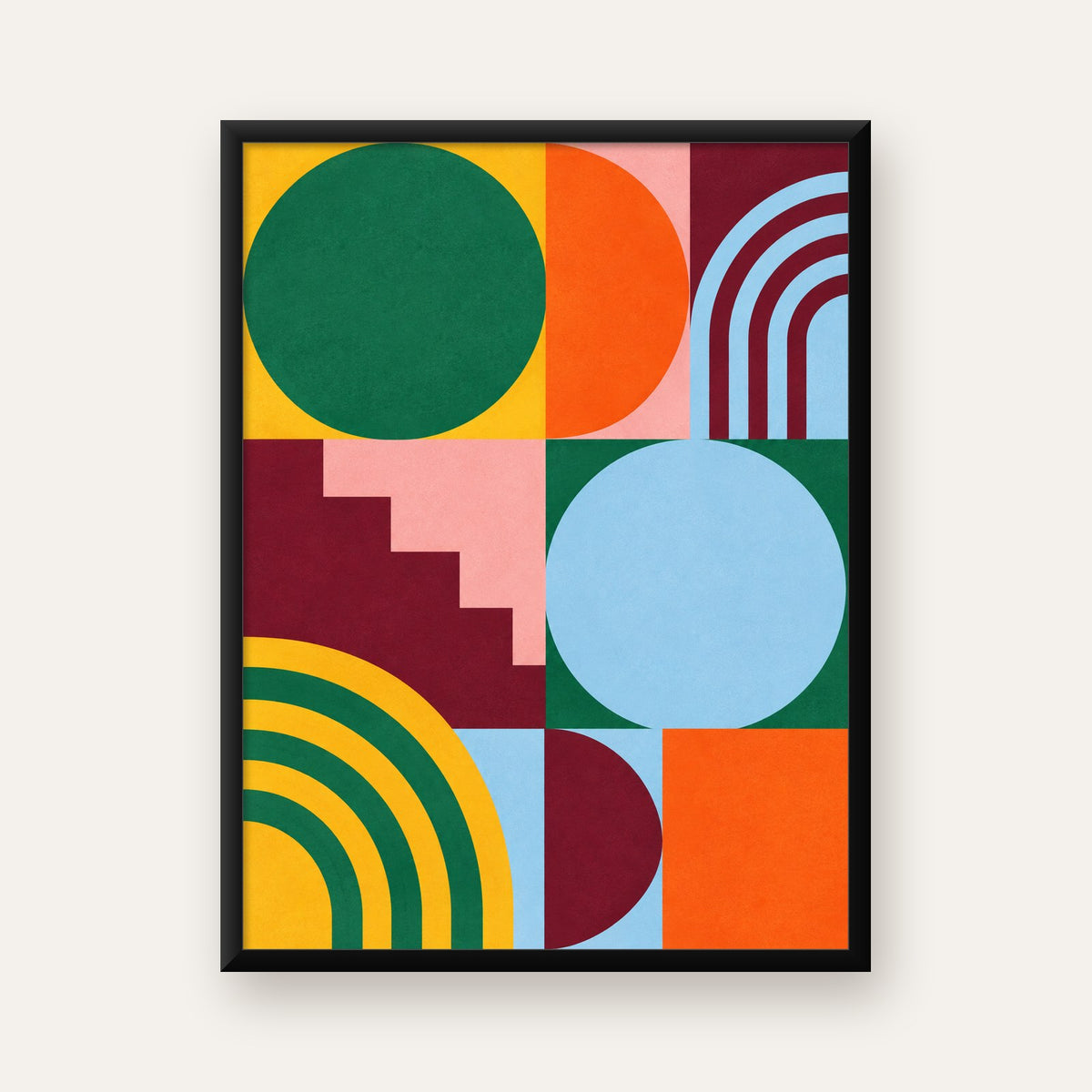 Renkli Soyut Geometrik Şekiller Modern Duvar Posteri — Dikey baskı, düz siyah çerçeveli duvar posteri