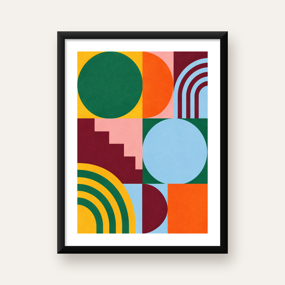 Renkli Soyut Geometrik Şekiller Modern Duvar Posteri — Dikey baskı, beyaz paspartulu