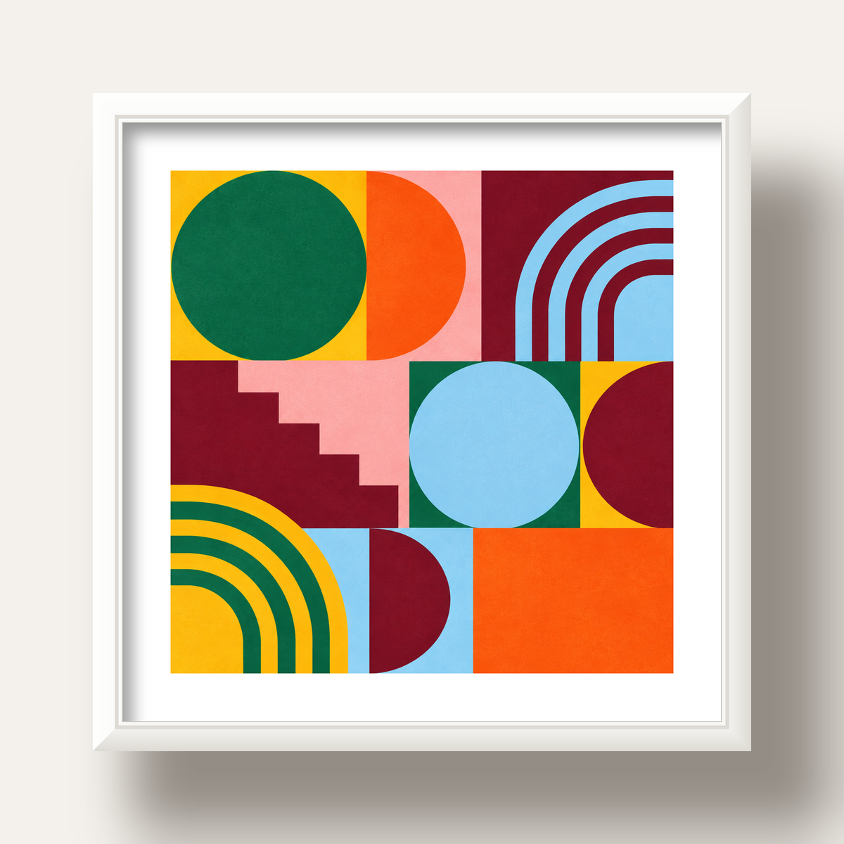 Renkli Soyut Geometrik Şekiller Modern Duvar Posteri — beyaz derin çerçeveli paspartulu