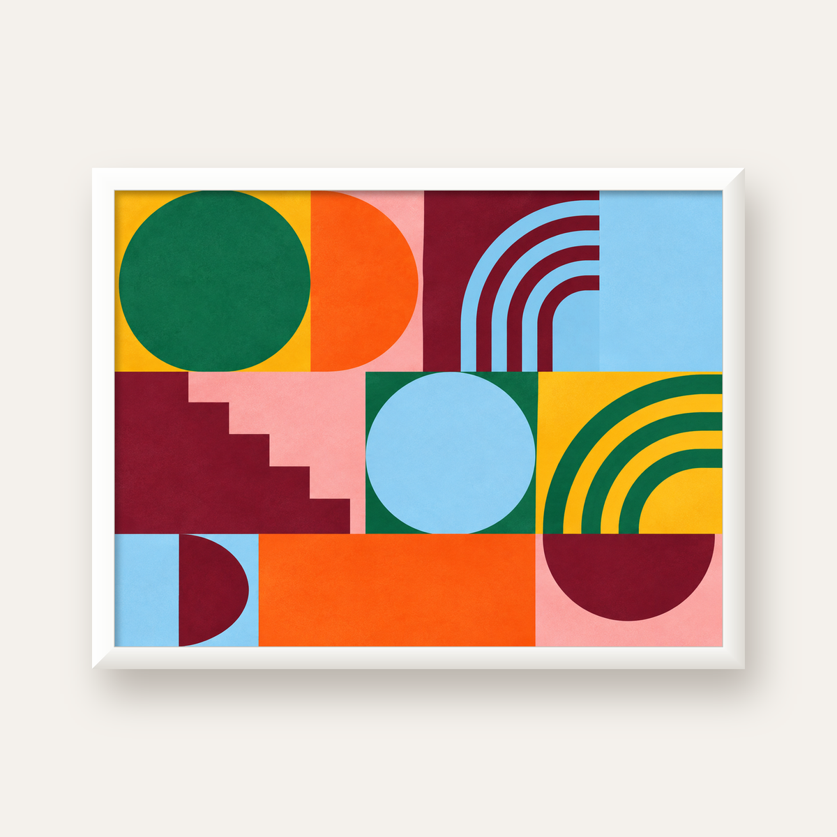 Renkli Soyut Geometrik Şekiller Modern Duvar Posteri — beyaz çerçeveli yatay poster