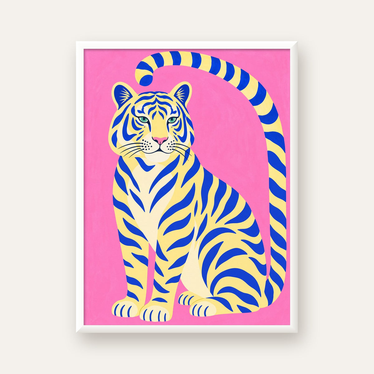 Renkli Tiger İllüstrasyonlu Minimal Poster – Canlı Duvar Sanatı — beyaz çerçeveli dikey poster
