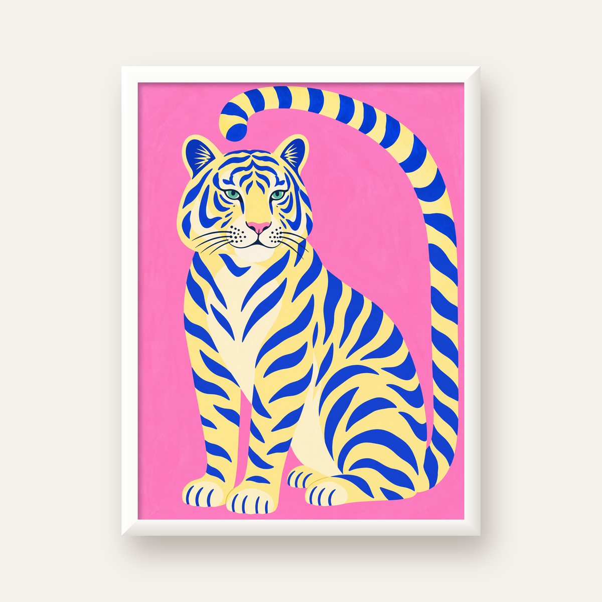 Renkli Tiger İllüstrasyonlu Minimal Poster – Canlı Duvar Sanatı — beyaz çerçeveli dikey poster