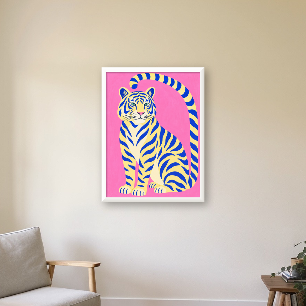 Renkli Tiger İllüstrasyonlu Minimal Poster – Canlı Duvar Sanatı — beyaz çerçeveli dikey poster