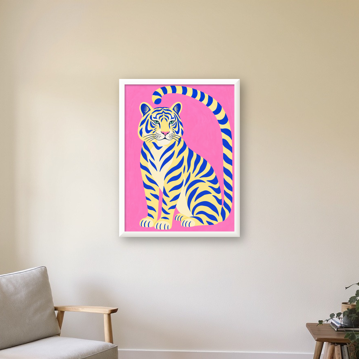 Renkli Tiger İllüstrasyonlu Minimal Poster – Canlı Duvar Sanatı — beyaz çerçeveli dikey poster