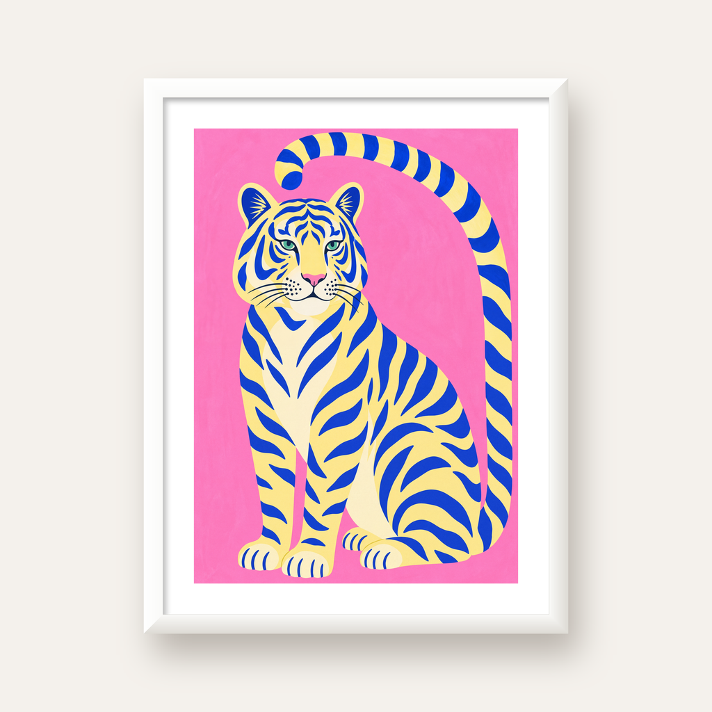 Renkli Tiger İllüstrasyonlu Minimal Poster – Canlı Duvar Sanatı — beyaz çerçeveli dikey poster
