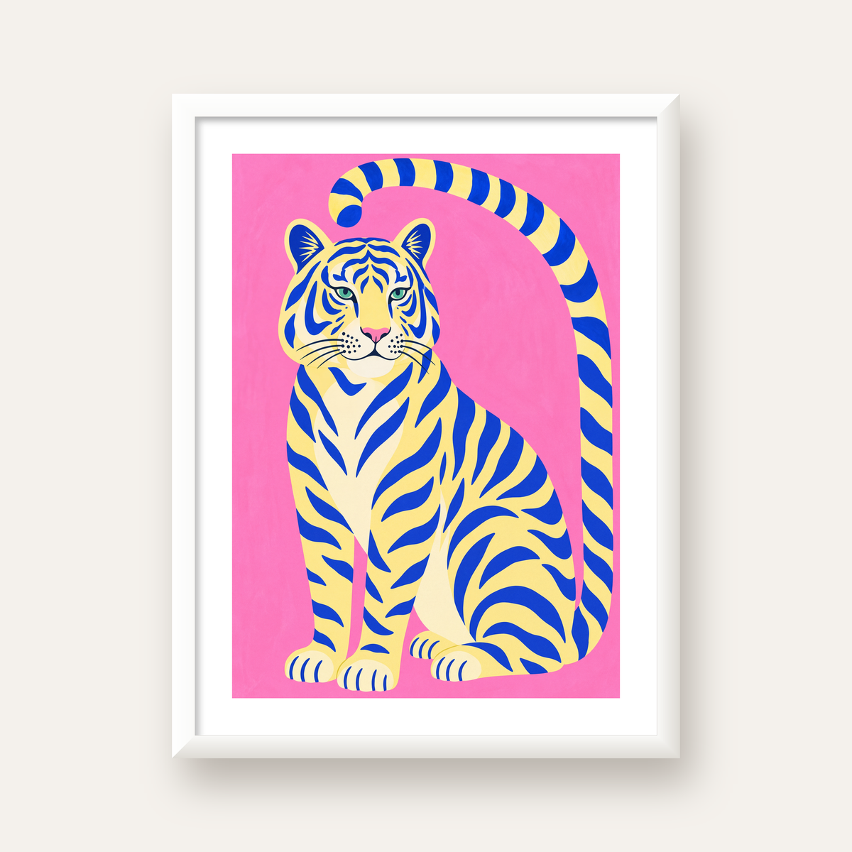 Renkli Tiger İllüstrasyonlu Minimal Poster – Canlı Duvar Sanatı — beyaz çerçeveli dikey poster