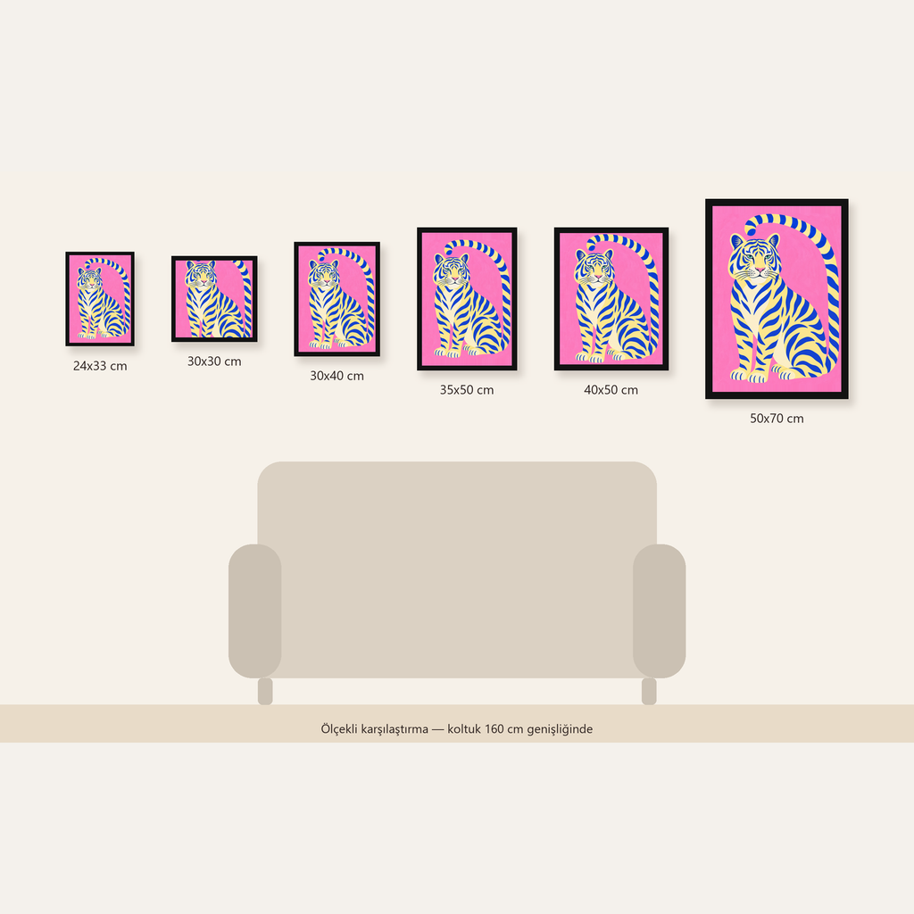 Renkli Tiger İllüstrasyonlu Minimal Poster – Canlı Duvar Sanatı — Dikey ölçülerinin karşılaştırması