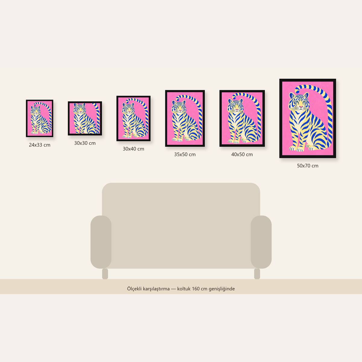 Renkli Tiger İllüstrasyonlu Minimal Poster – Canlı Duvar Sanatı — Dikey ölçülerinin karşılaştırması