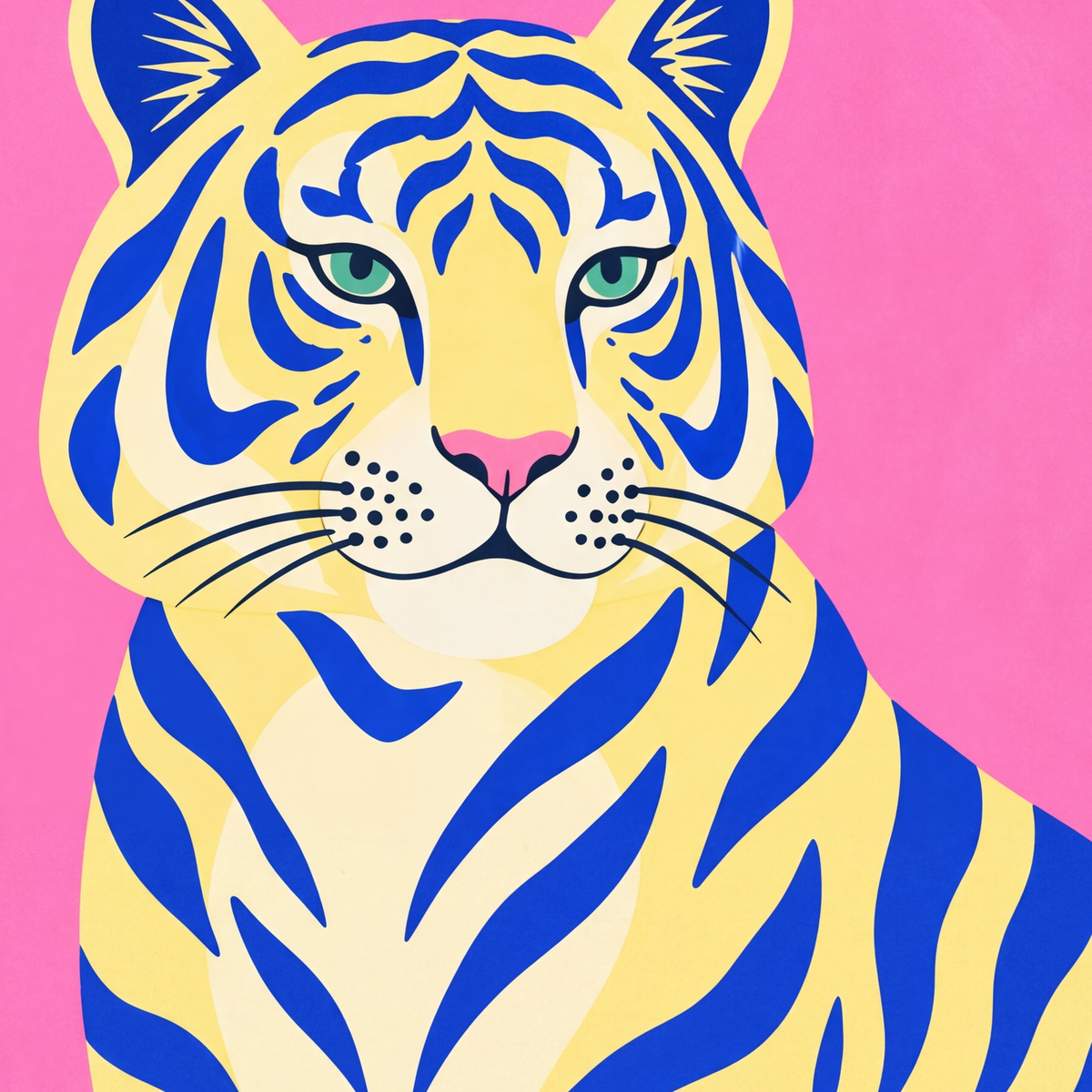 Renkli Tiger İllüstrasyonlu Minimal Poster – Canlı Duvar Sanatı — baskının yakın çekimi, kâğıt dokusu ve renk detayı