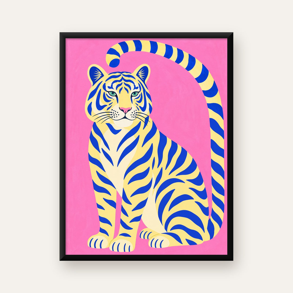 Renkli Tiger İllüstrasyonlu Minimal Poster – Canlı Duvar Sanatı — Dikey baskı, düz siyah çerçeveli duvar posteri