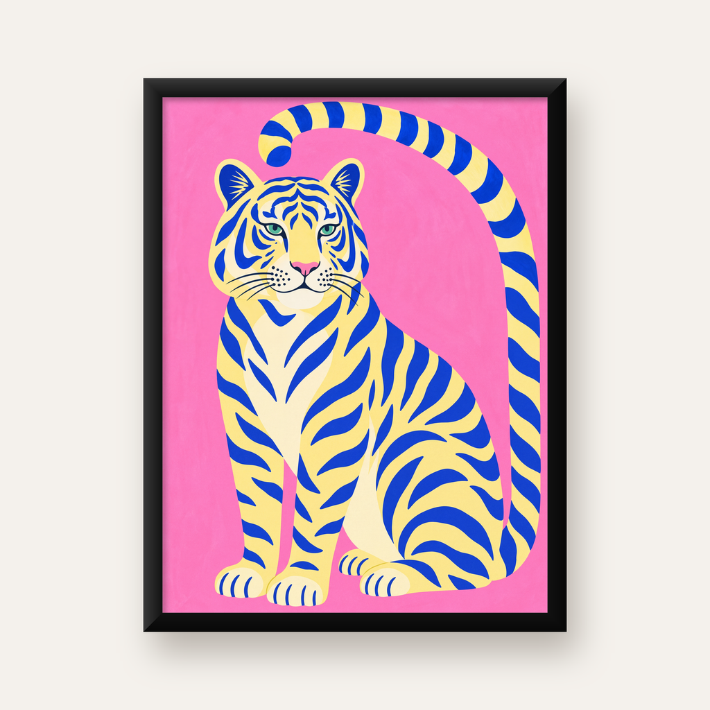 Renkli Tiger İllüstrasyonlu Minimal Poster – Canlı Duvar Sanatı — Dikey baskı, düz siyah çerçeveli duvar posteri