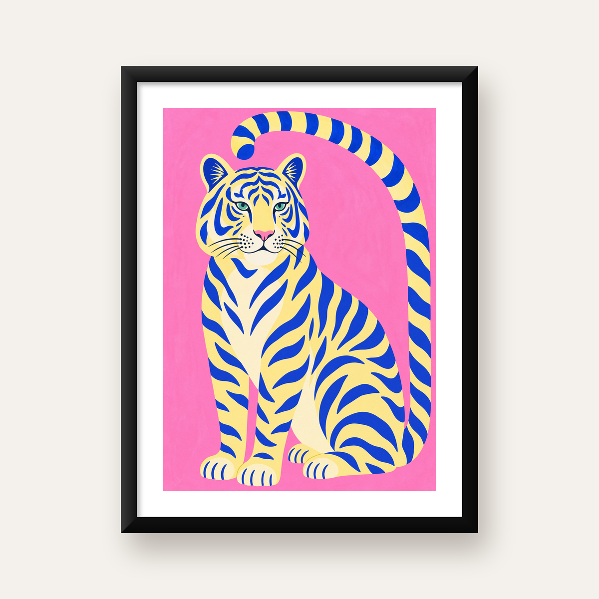 Renkli Tiger İllüstrasyonlu Minimal Poster – Canlı Duvar Sanatı — Dikey baskı, beyaz paspartulu