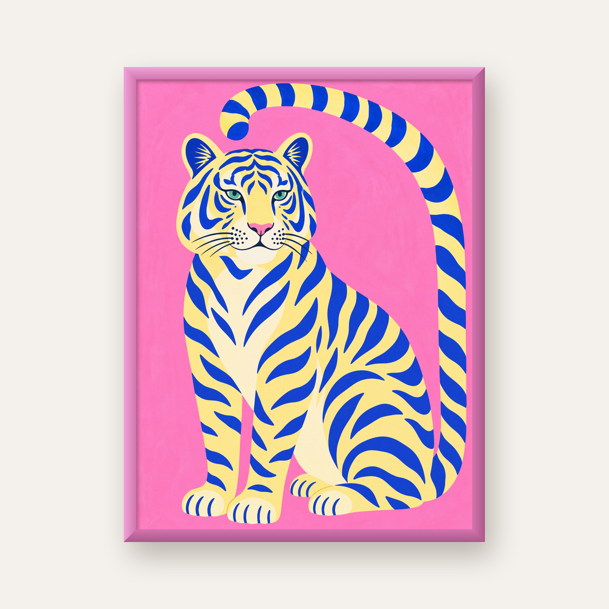 Mavi Çizgili Kaplan İllüstrasyonu Poster – Canlı Modern Duvar Sanatı — pembe çerçeveli