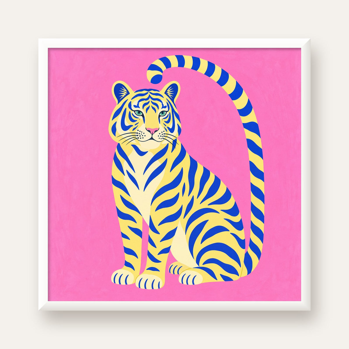Renkli Tiger İllüstrasyonlu Minimal Poster – Canlı Duvar Sanatı — beyaz çerçeveli kare poster
