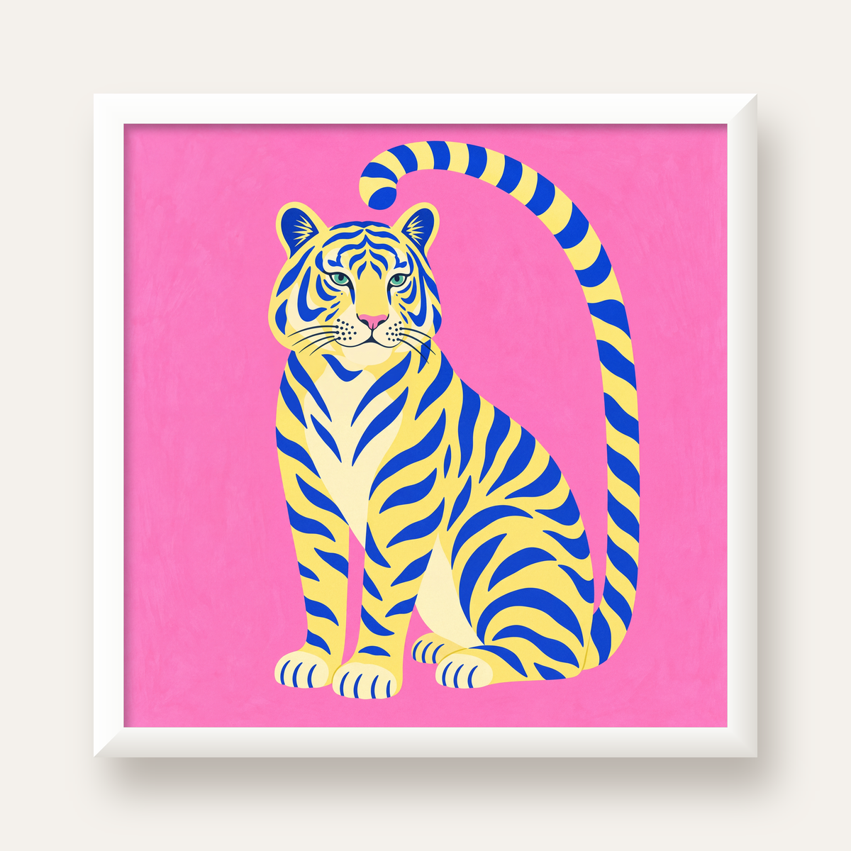 Renkli Tiger İllüstrasyonlu Minimal Poster – Canlı Duvar Sanatı — beyaz çerçeveli kare poster