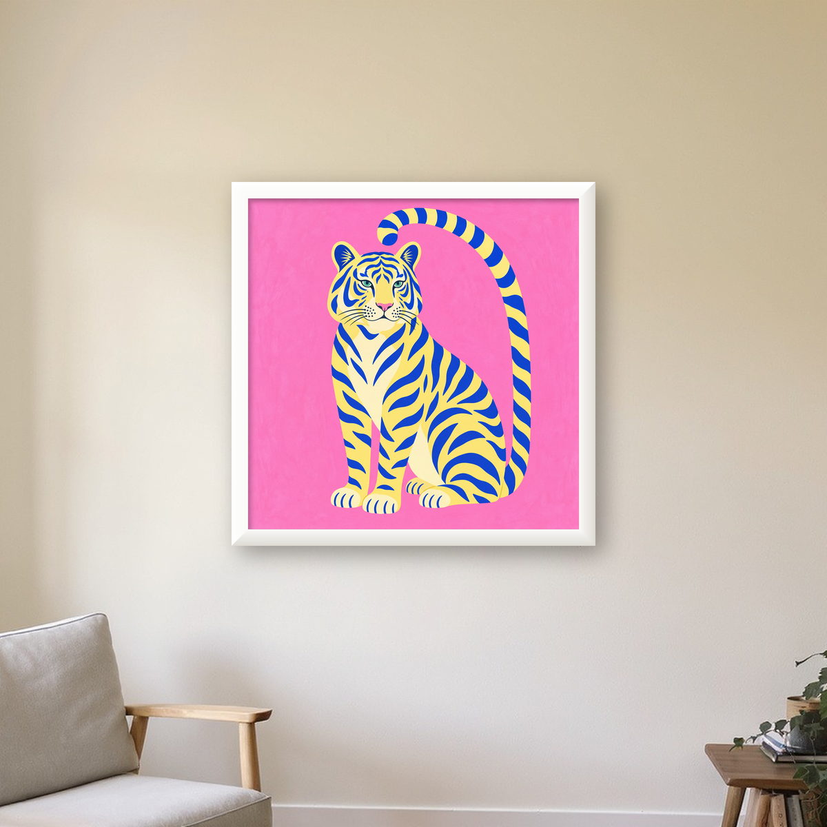 Renkli Tiger İllüstrasyonlu Minimal Poster – Canlı Duvar Sanatı — beyaz çerçeveli kare poster
