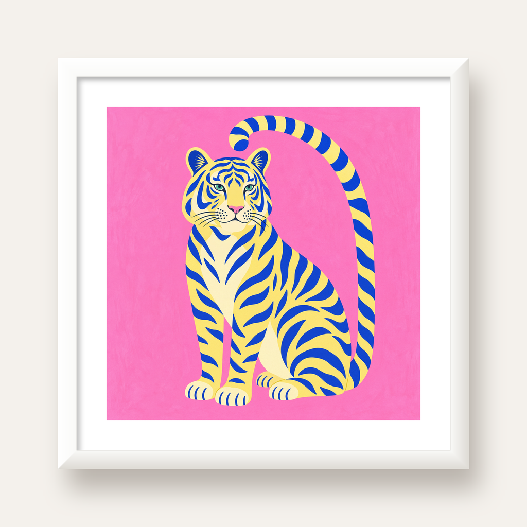 Renkli Tiger İllüstrasyonlu Minimal Poster – Canlı Duvar Sanatı — beyaz çerçeveli kare poster