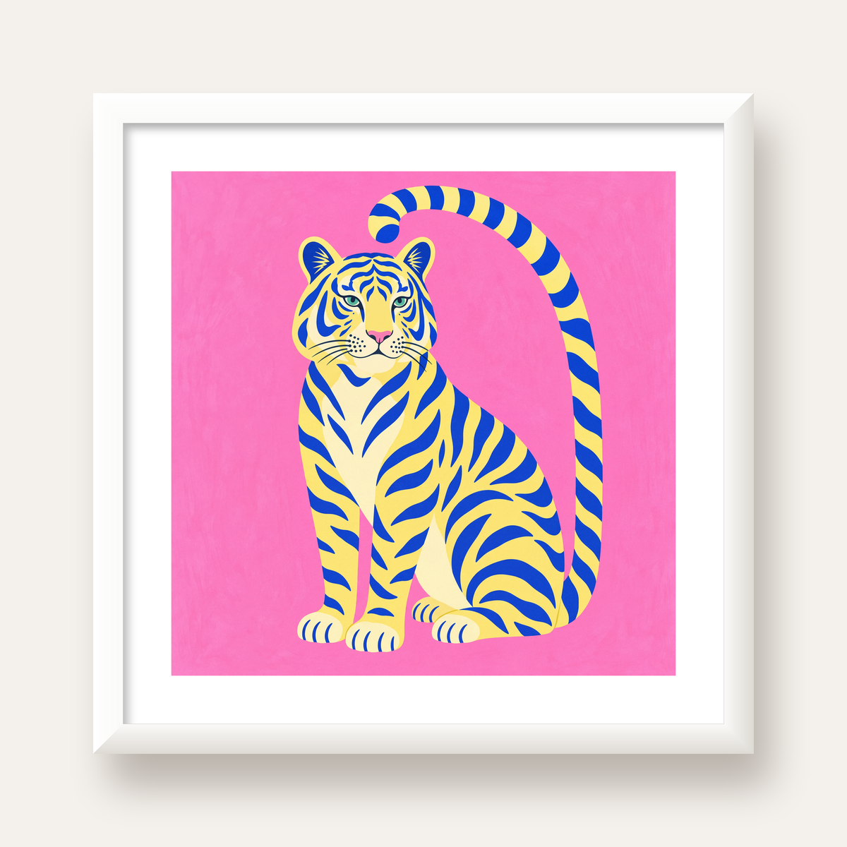 Renkli Tiger İllüstrasyonlu Minimal Poster – Canlı Duvar Sanatı — beyaz çerçeveli kare poster