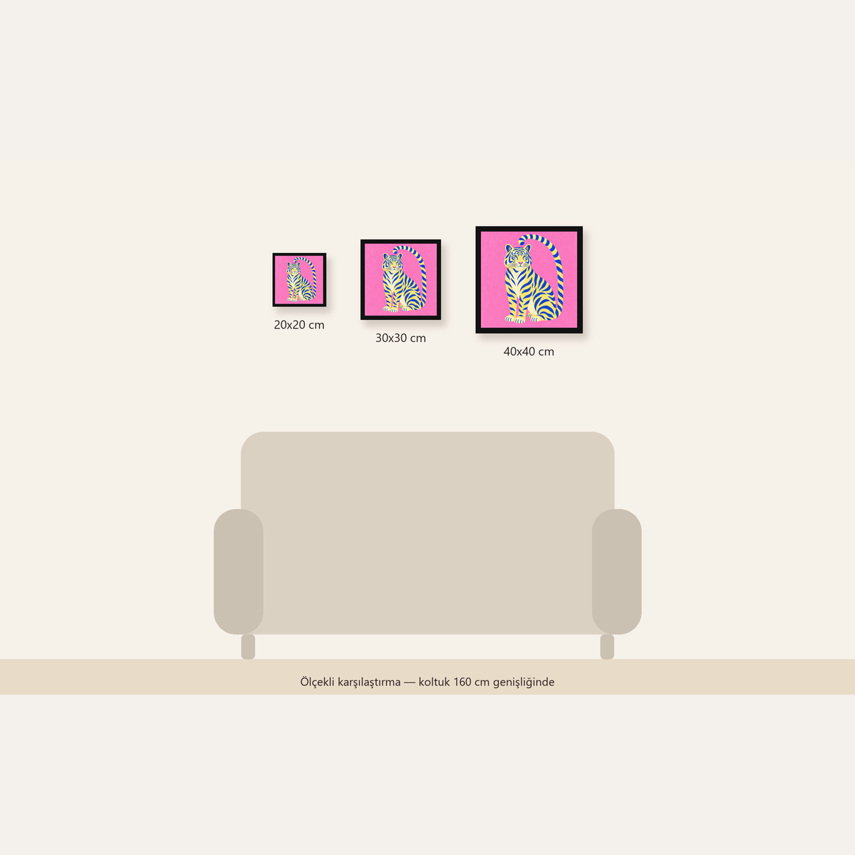 Renkli Tiger İllüstrasyonlu Minimal Poster – Canlı Duvar Sanatı — Kare ölçülerinin karşılaştırması