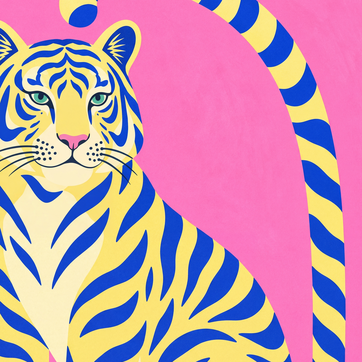 Renkli Tiger İllüstrasyonlu Minimal Poster – Canlı Duvar Sanatı — baskının yakın çekimi, kâğıt dokusu ve renk detayı