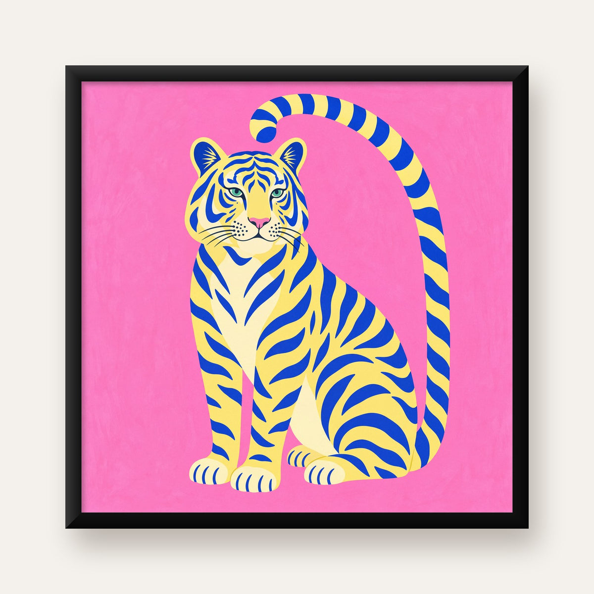 Renkli Tiger İllüstrasyonlu Minimal Poster – Canlı Duvar Sanatı — Kare baskı, düz siyah çerçeveli duvar posteri