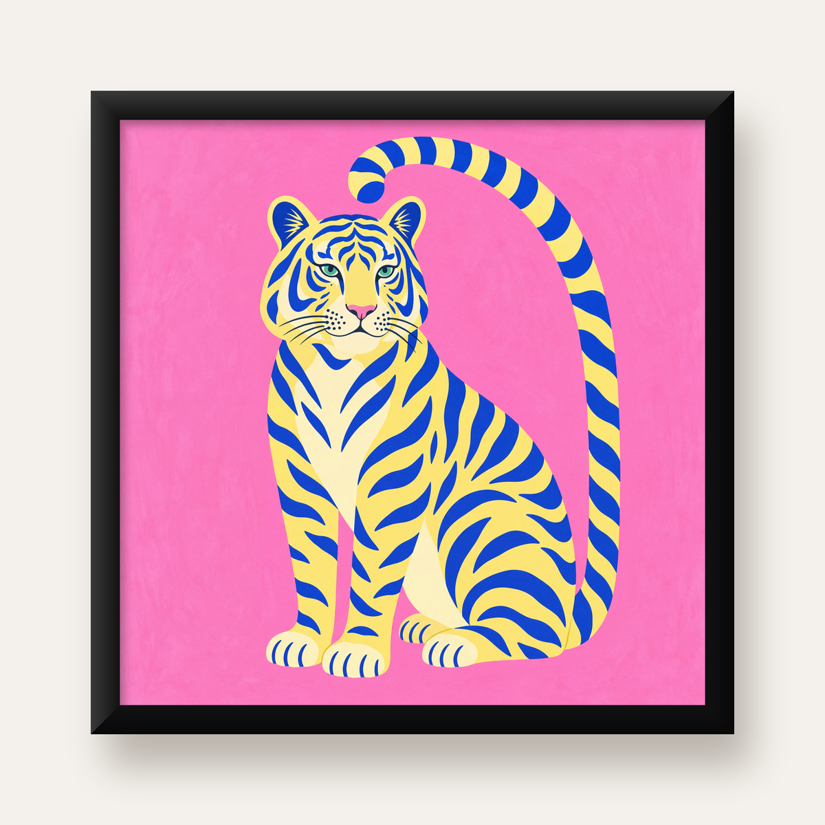Renkli Tiger İllüstrasyonlu Minimal Poster – Canlı Duvar Sanatı — Kare baskı, düz siyah çerçeveli duvar posteri