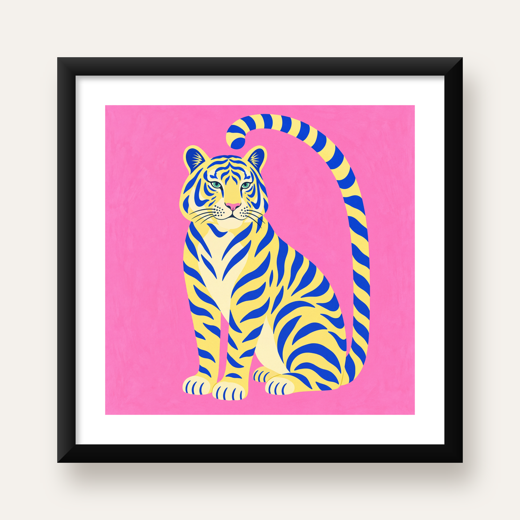 Renkli Tiger İllüstrasyonlu Minimal Poster – Canlı Duvar Sanatı — Kare baskı, beyaz paspartulu