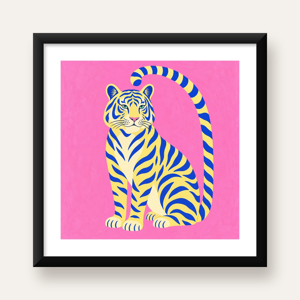 Renkli Tiger İllüstrasyonlu Minimal Poster – Canlı Duvar Sanatı — Kare baskı, beyaz paspartulu