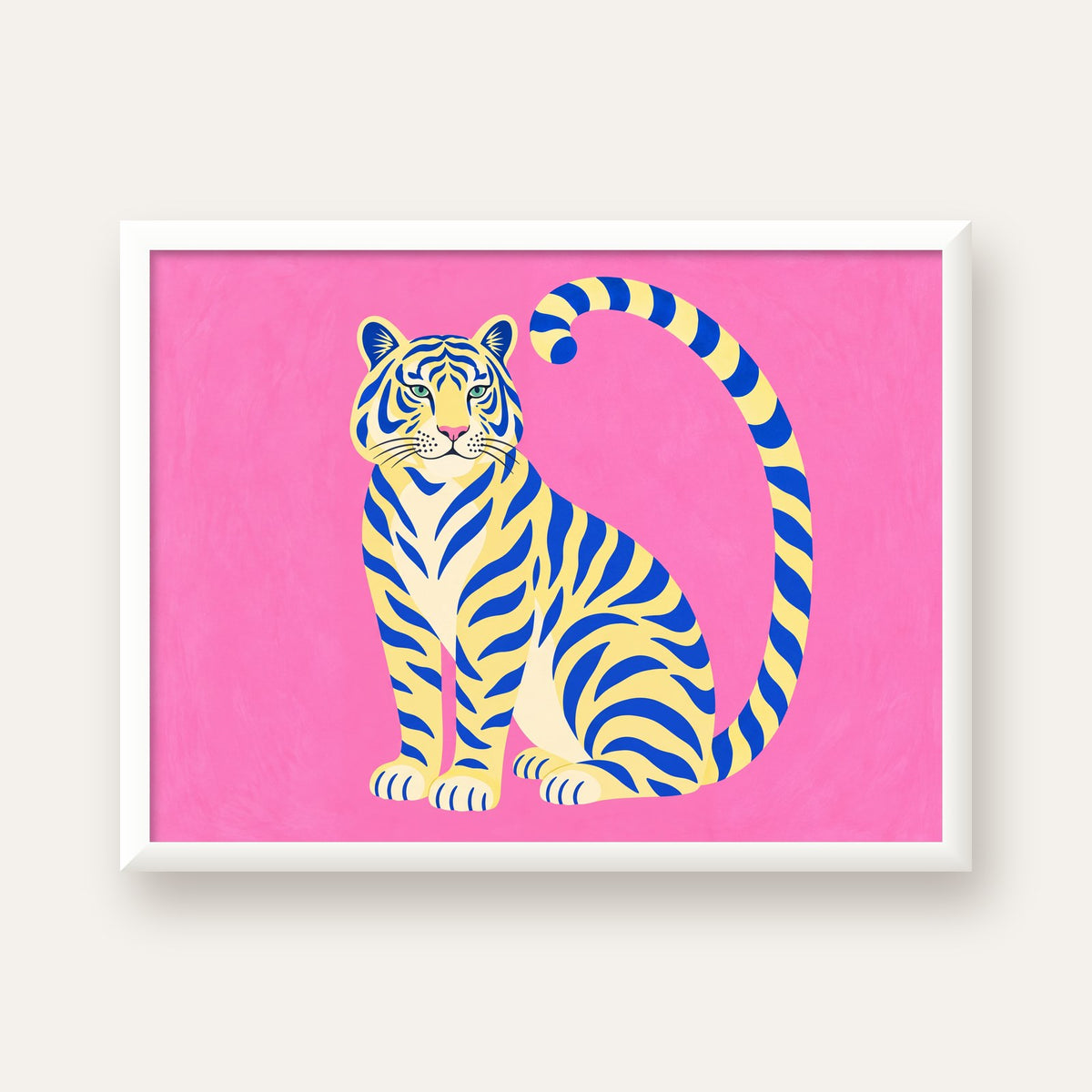Renkli Tiger İllüstrasyonlu Minimal Poster – Canlı Duvar Sanatı — beyaz çerçeveli yatay poster